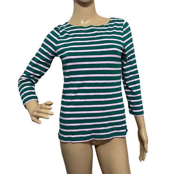 J. Crew XS Womens Nautical Top Green & Pink Stripes 3/4 Sleeves Boat Neck Preppy - Picture 1 of 14